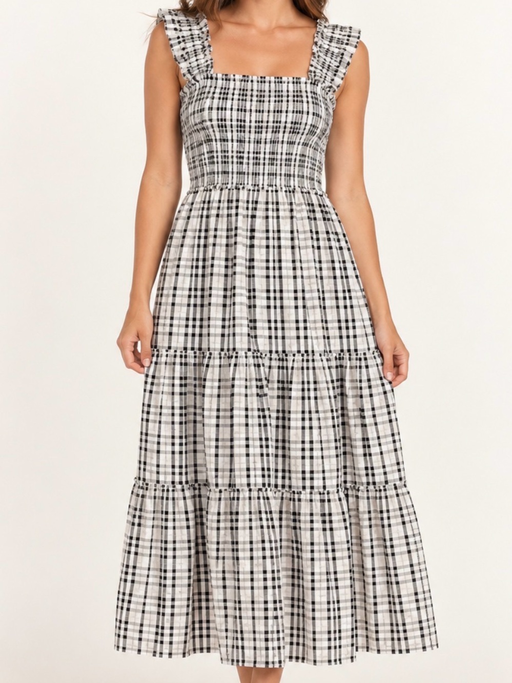 Blue Pepper Cottage Core Smocked Square-Neck Black & White Plaid Maxi Dress